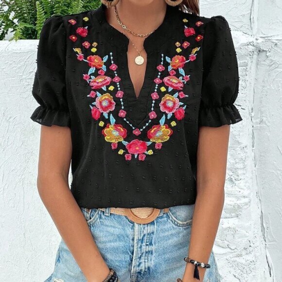 . Tops - Black Casual Womens Floral Embroidery Notched Neckline Puff Sleeve Blouse